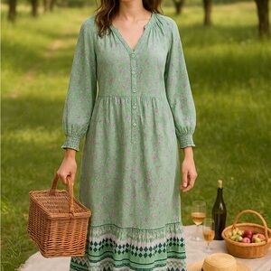 Wonderly Green Floral Boho Midi Dress Size XL Cotton Long Sleeve NWT Cottagecore
